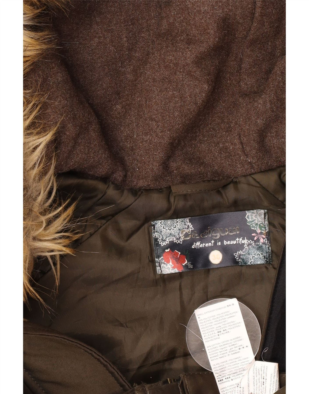 Desigual Veste Parka À Capuche Graphique Femme EU 38 Coton Kaki Moyen