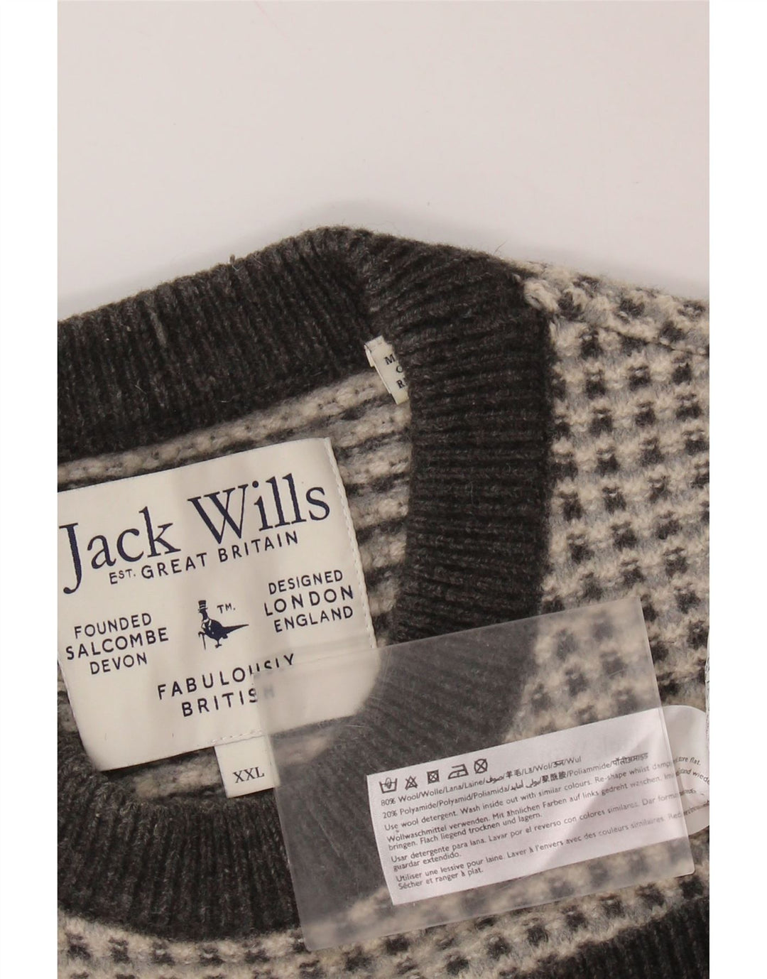 JACK WILLS Pull à col rond pour femme UK 20 2XL Laine à carreaux gris