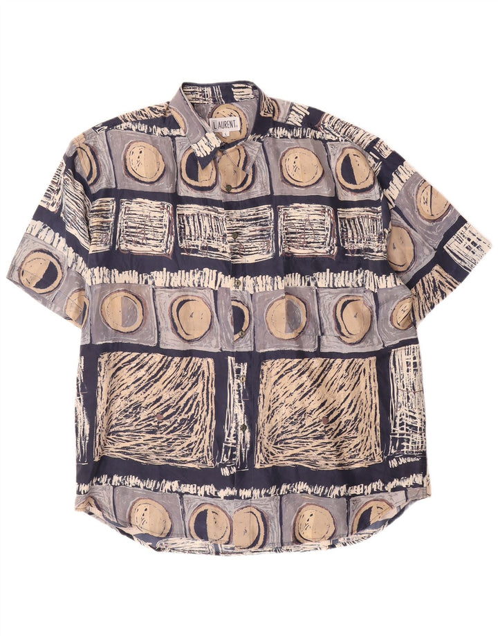 LAURENT Chemise à Manches Courtes Homme Grande Soie Géométrique Bleu Marine