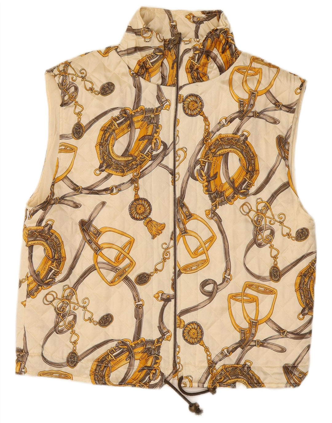 VINTAGE Gilet matelassé à motif abstrait pour femme UK 14 Grande soie blanc cassé