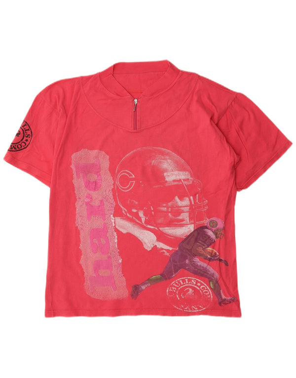 vintage Femmes Zip Neck Graphic T-Shirt Top UK 16 Grand Rose