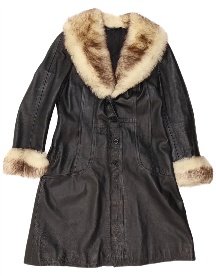 VINTAGE Manteau en cuir femme UK 12 Moyen Noir