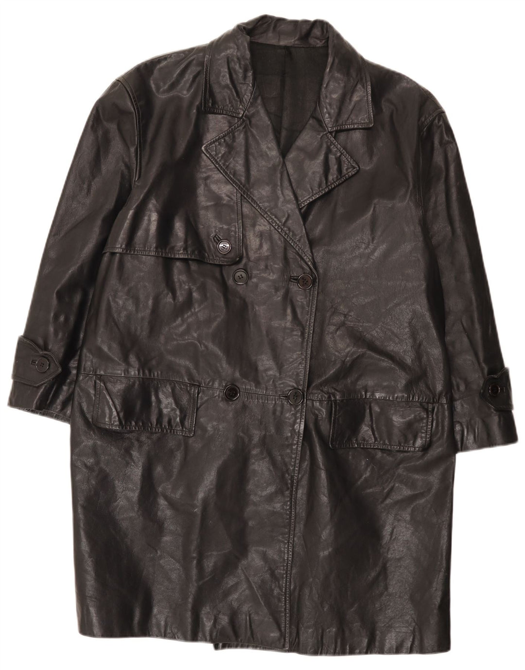 vintage Femme Coupe Relax Double Boutonnage Manteau En Cuir IT 42 Moyen Noir