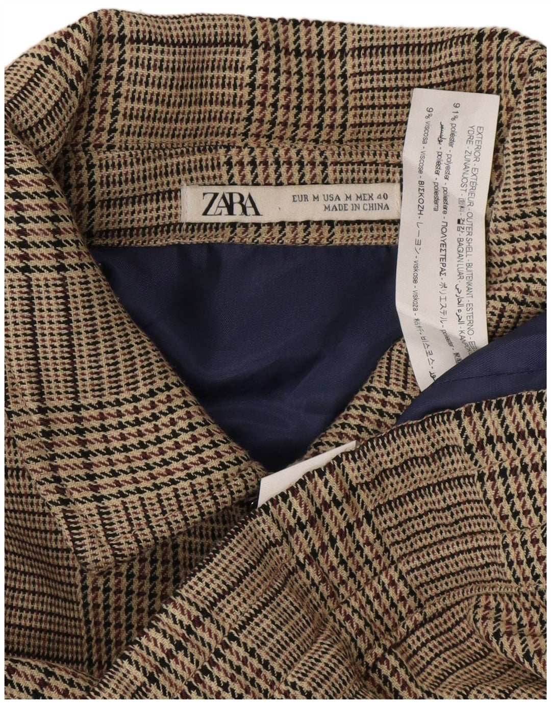 Zara Womens Full Zip Bomber Jacket UK 14 Medium Beige Check Polyester