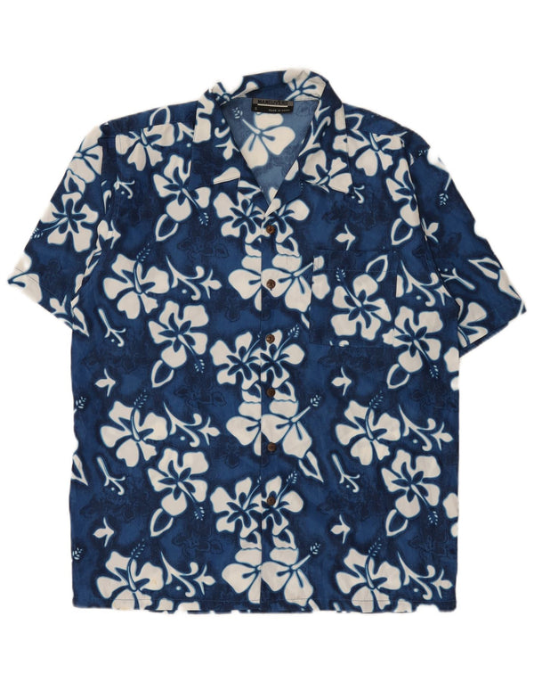 Chemise à manches courtes vintage pour hommes petit polyester floral bleu