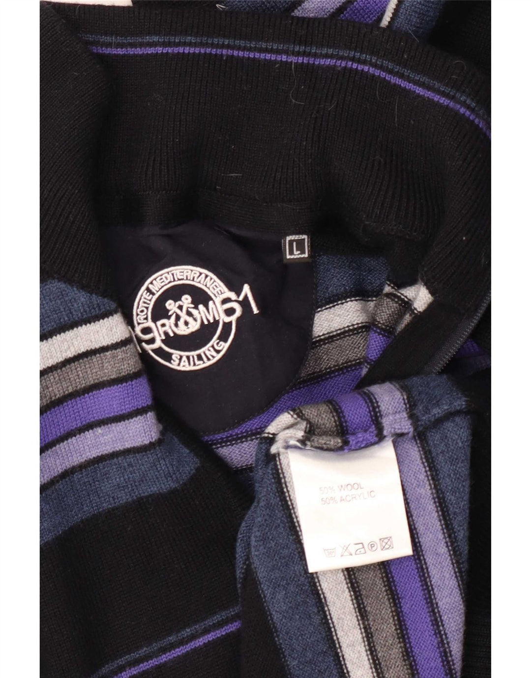 vintage Mens Zip Neck Jumper Pull Grande laine rayée noire