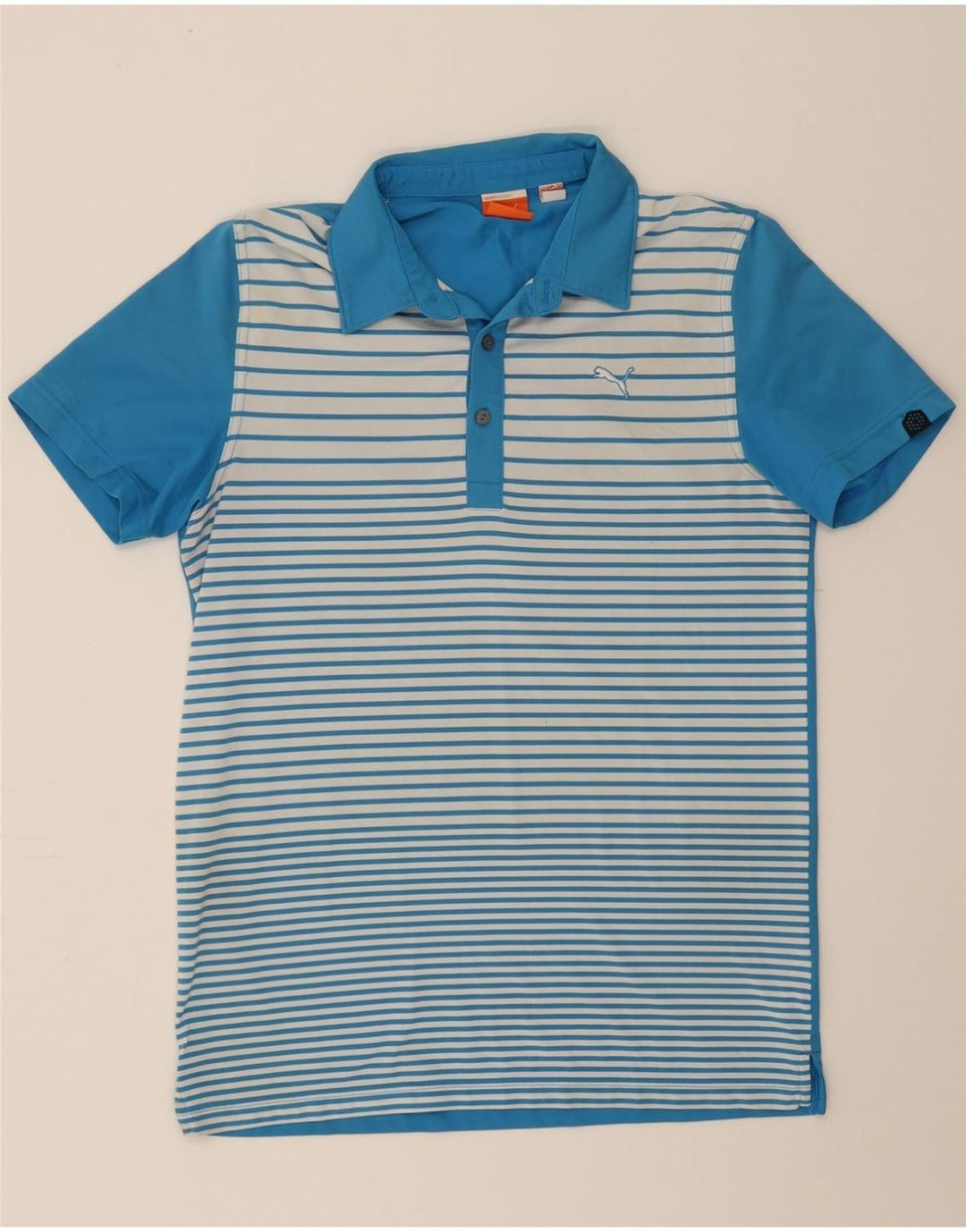 PUMA Mens Polo Shirt Medium Blue Striped Polyester Vintage Puma and Second-Hand Puma from Messina Hembry 