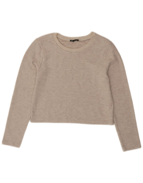 Zara Pull court à col bateau pour femme UK 14 Large Beige Polyester