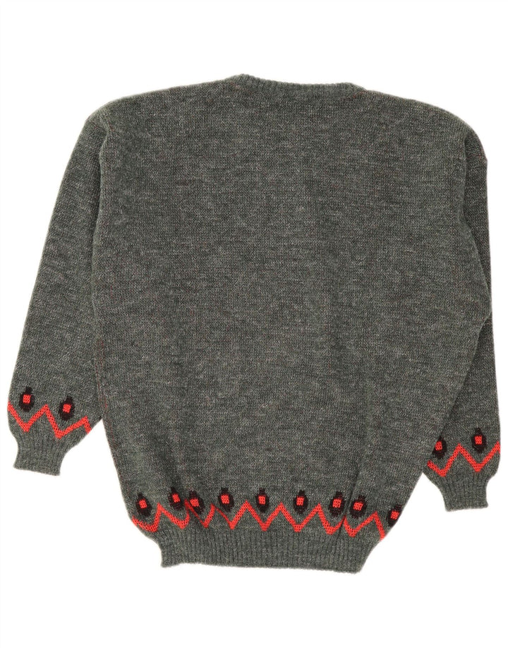 vintage Mens Crew Neck Jumper Pull Grand Gris Géométrique Polyacrylique