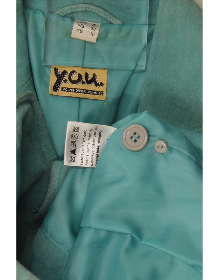 VINTAGE Femme 2 Boutons Blazer En Daim Veste UK 10 Petit Cuir Turquoise