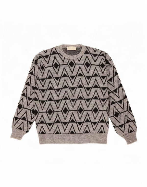 vintage Mens Crew Neck Jumper Pull Grand Gris Géométrique Acrylique