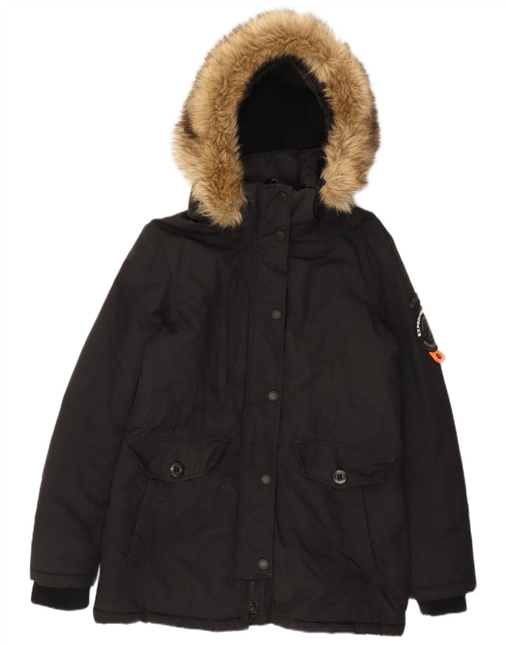 Superdry Parka à capuche pour femme UK 14 Large Noir Nylon