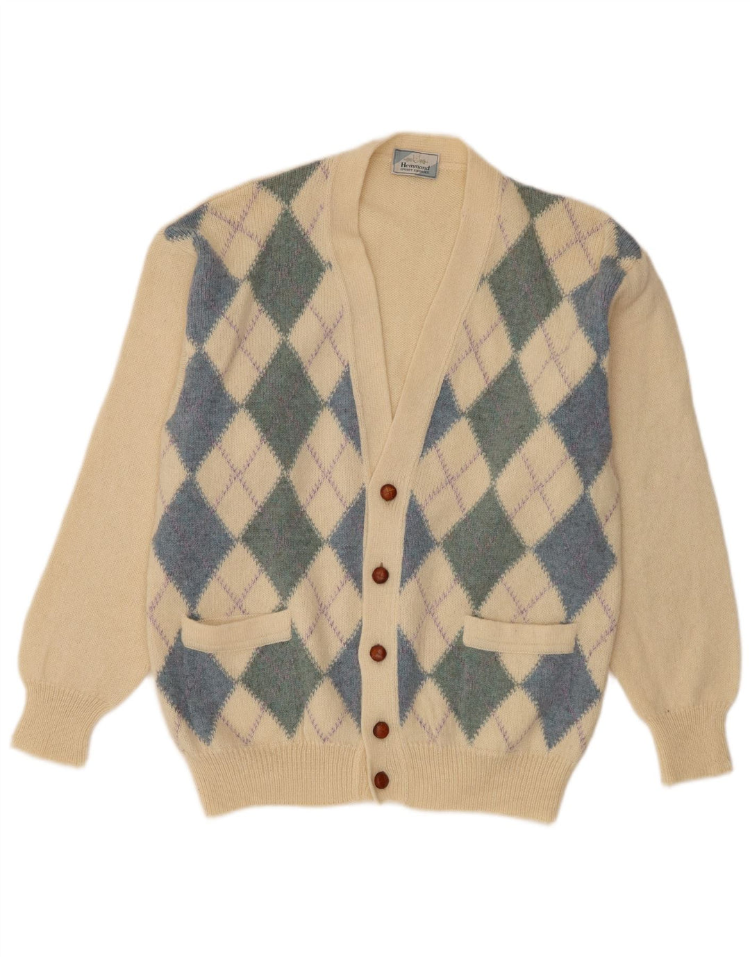 Hemmond Cardigan Homme Pull Large Beige Argyle/Diamant Laine Vierge