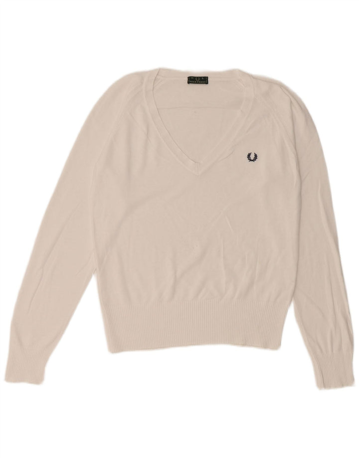 Fred Perry Pull col en V pour femme UK 14 Large Blanc