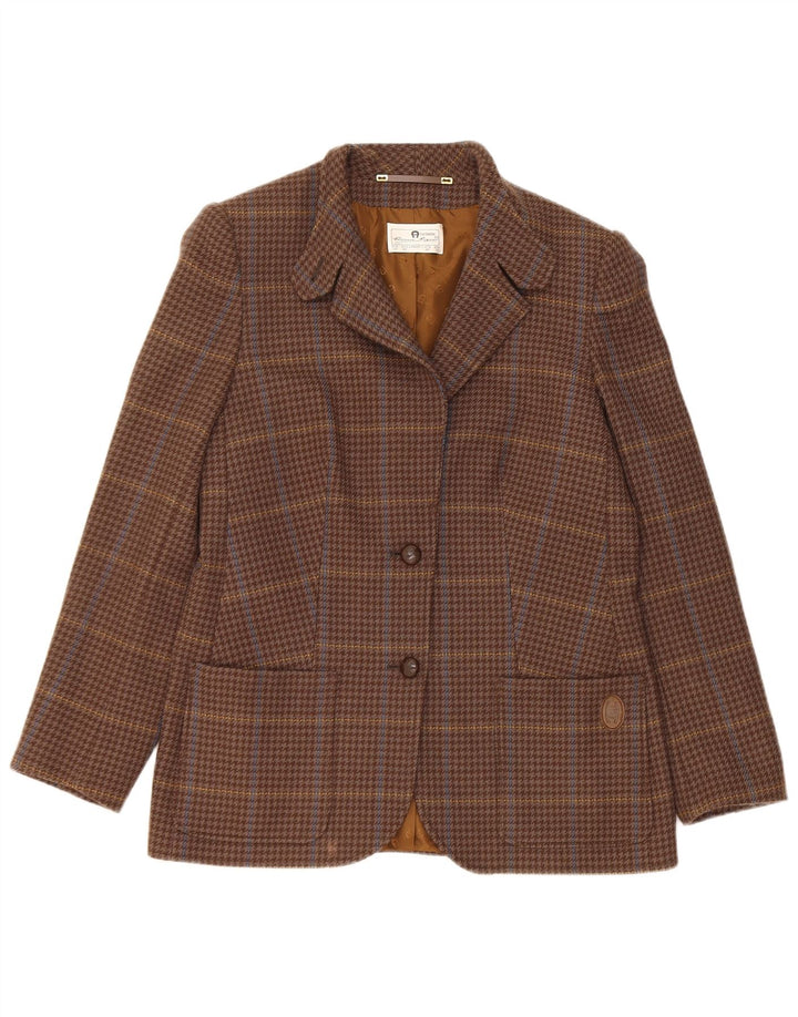 vintage Femme 2 Bouton Blazer Veste UK 10 Petite Laine à Carreaux Marron
