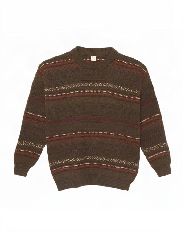 vintage Mens Crew Neck Jumper Pull XL Marron Fair Isle Acrylique