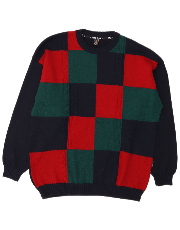 White Sails Pull à col rond pour homme en laine color block bleu marine