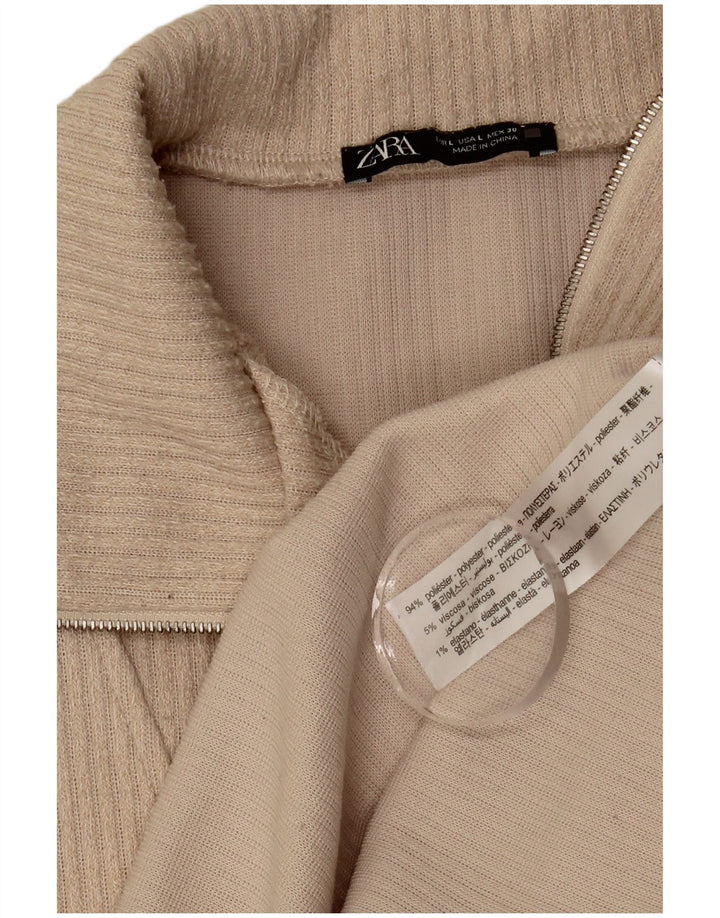Zara Femme Top Col Zippé Manches Longues UK 16 Large Beige Polyester