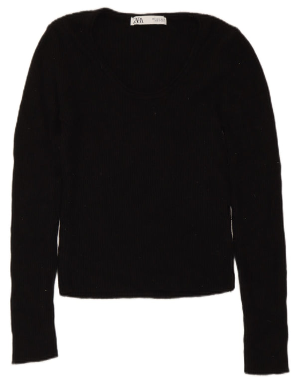 Zara Womens Crop Boat Neck Jumper Sweater UK 8 Small Noir Viscose