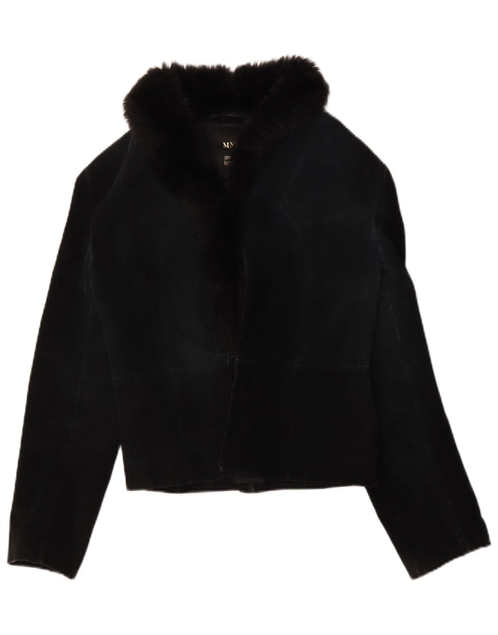 Mango Veste courte en daim pour femme UK 12 Cuir noir moyen