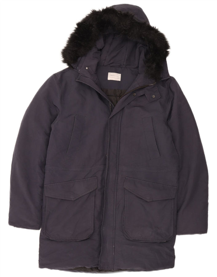 Zara Manteau matelassé à capuche pour homme UK 38 Bleu marine moyen Polyester
