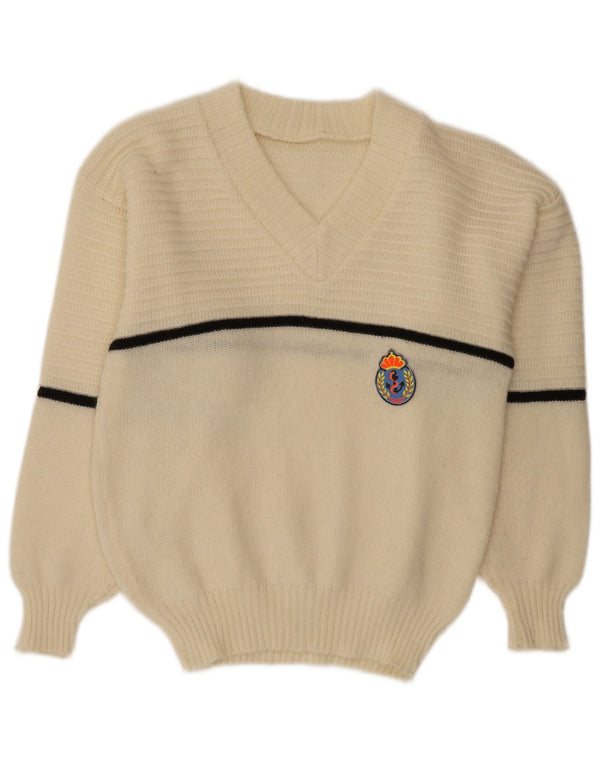 vintage Femme V-Col Jumper Pull UK 16 Grand Off White Rayé