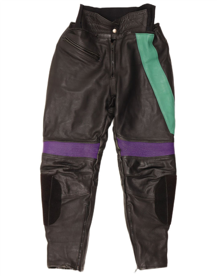 VINTAGE Pantalon Femme EU 38 Moyen W28 L27 Cuir Colorblock Noir