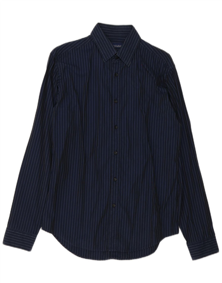 Chemise Zara Homme En Coton À Fines Rayures Bleu Marine Moyen