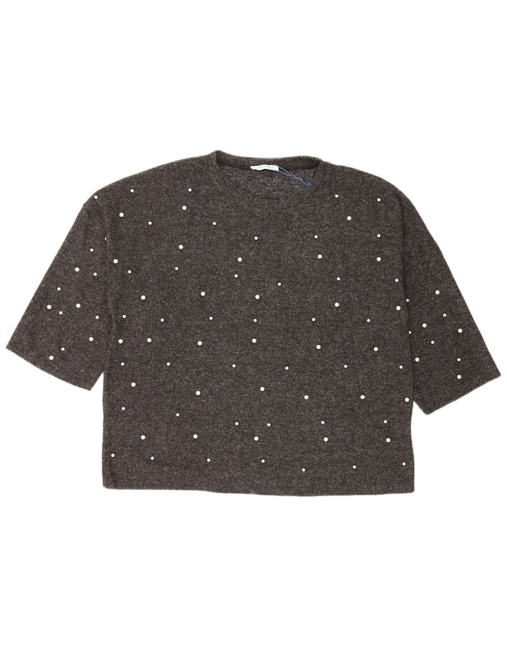 Zara Womens Loose Fit T-Shirt Top UK 14 Polyester à pois gris moyen