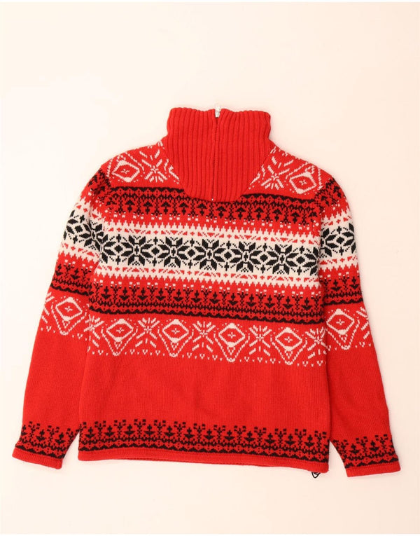 VINTAGE Femme Zip Neck Jumper Pull UK 14 Moyen Rouge Fair Isle Wool