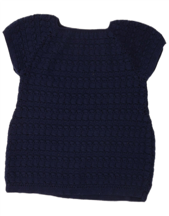 vintage Femme Tricot Blouse Top UK 12 Bleu Marine Moyen