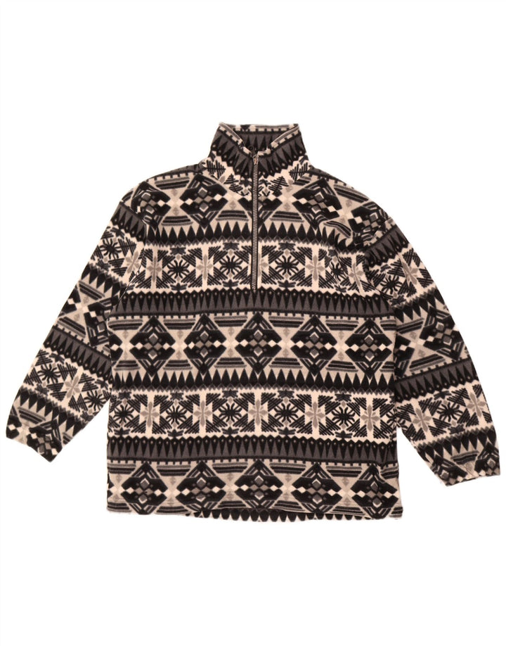 vintage Mens Zip Neck Fleece Jumper Moyen Gris Fair Isle