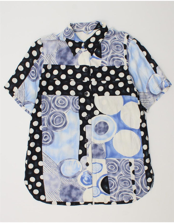 vintage Femme Chemise À Manches Courtes Blouse UK 14 Grand Bleu Patchwork Viscose