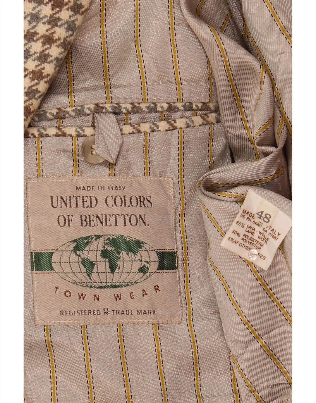 Benetton Veste Blazer 2 Boutons Homme IT 48 Laine Pied-de-Poule Beige Moyen