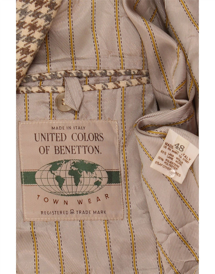Benetton Veste Blazer 2 Boutons Homme IT 48 Laine Pied-de-Poule Beige Moyen