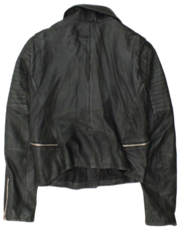 Zara Veste de motard en cuir court pour femme UK 12 Noir moyen