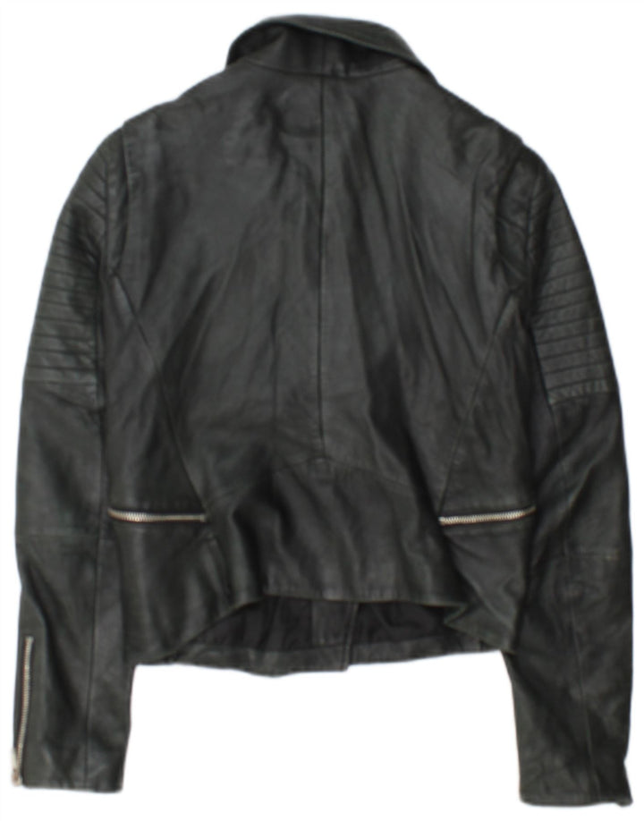 Zara Veste de motard en cuir court pour femme UK 12 Noir moyen