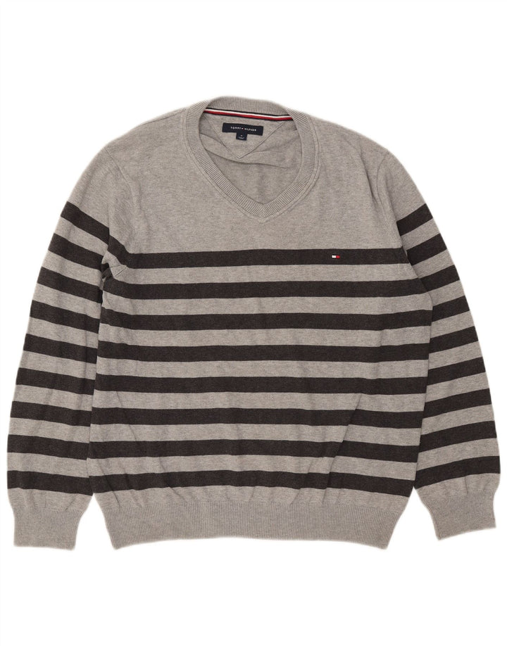 Tommy Hilfiger Pull Col V Homme Gris Moyen Rayé Coton
