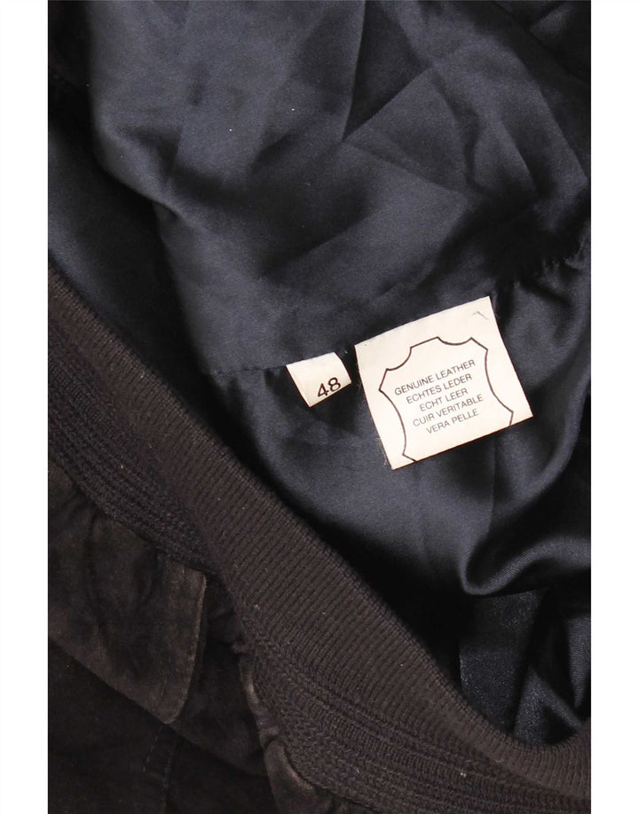 vintage Mens Suede Bomber Jacket IT 48 Cuir Noir Moyen