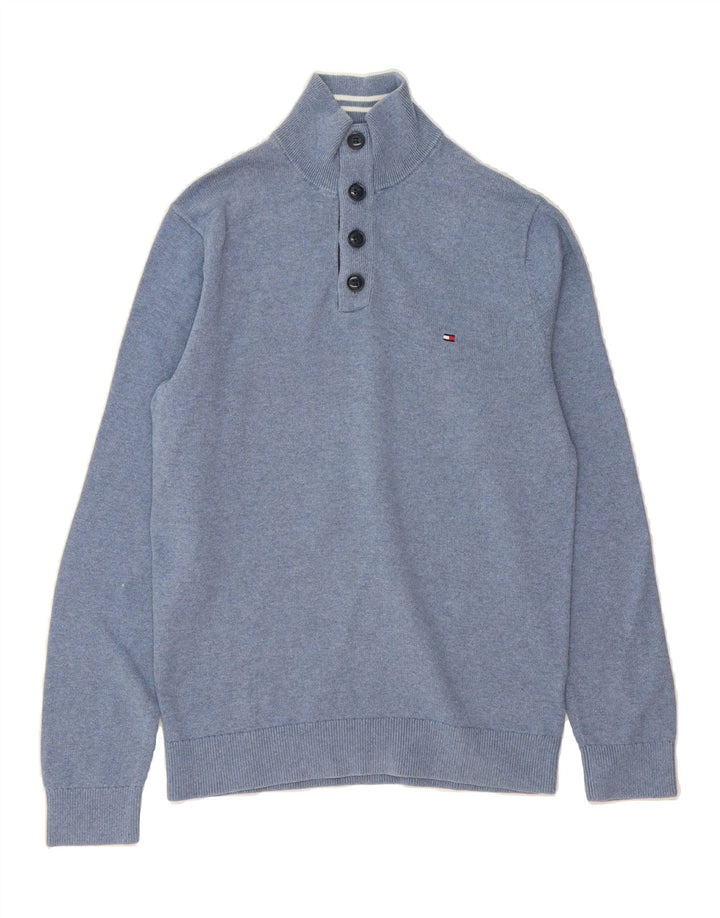 TOMMY HILFIGER Mens Button Neck Jumper Sweater Small Blue Cotton Vintage Tommy Hilfiger and Second-Hand Tommy Hilfiger from Messina Hembry 