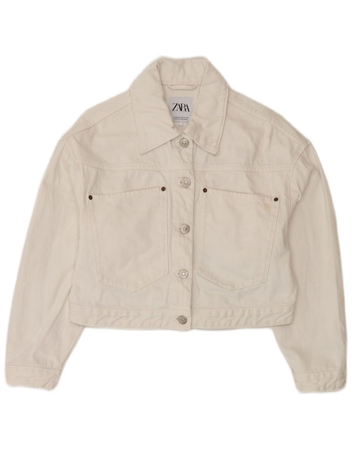 Zara Womens Crop Veste en jean surdimensionnée UK 6 XS Coton blanc