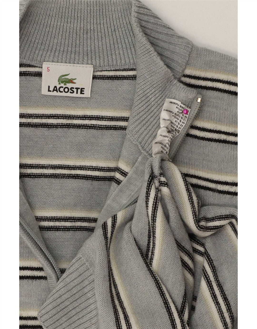 Lacoste Mens Zip Neck Jumper Sweater Taille 5 Grande laine rayée bleue