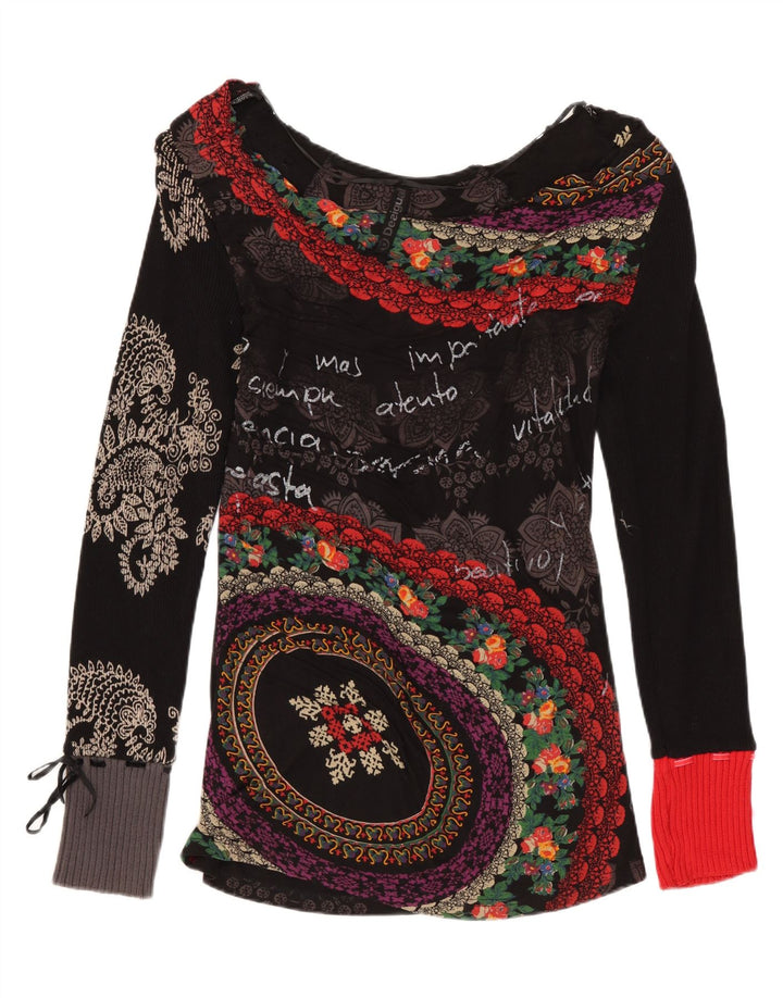 DESIGUAL Haut graphique à manches longues pour femme UK 12 Coton floral noir moyen