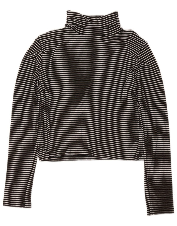 Zara Womens Crop Top Manches Longues UK 14 Grande Viscose Rayée Noire