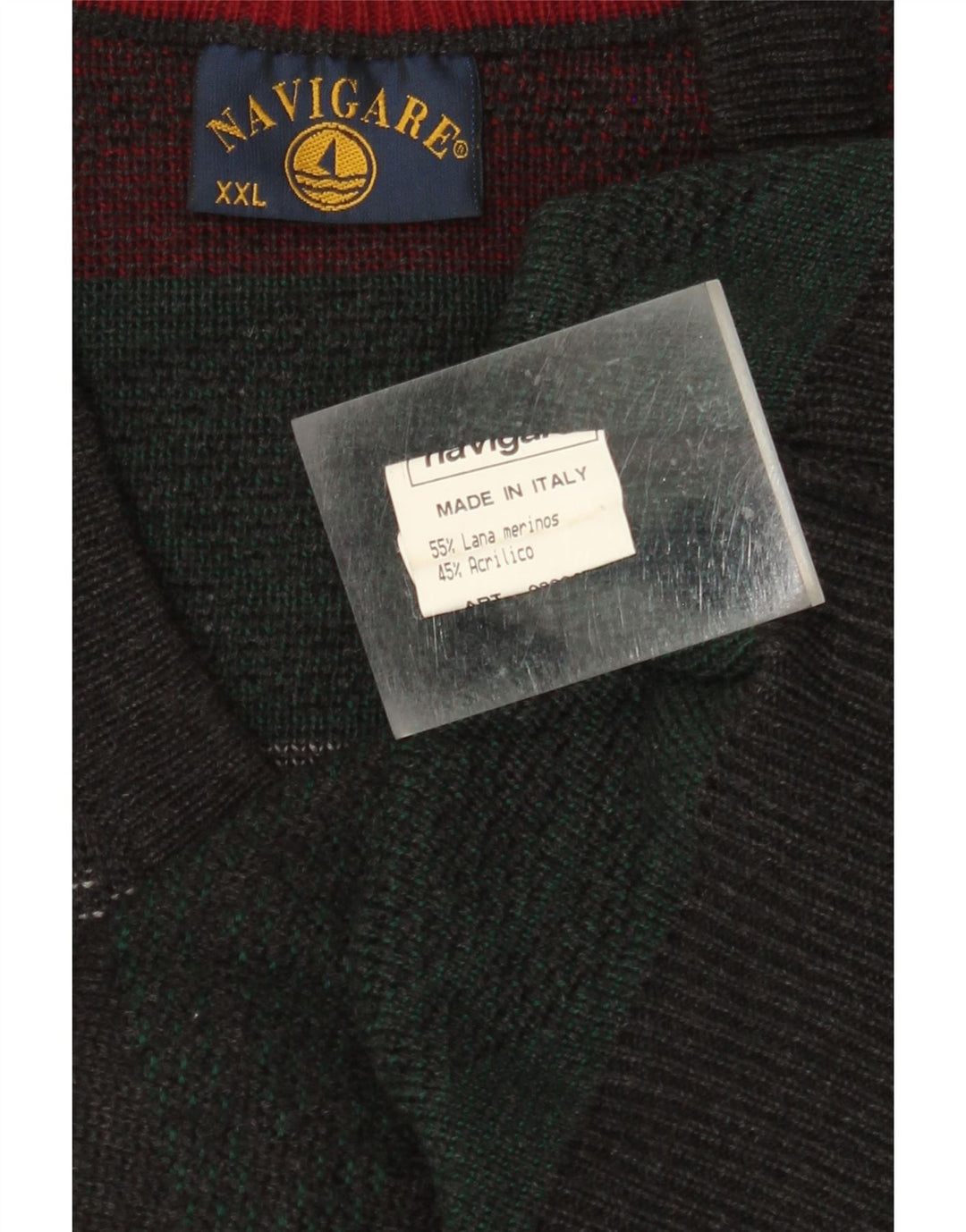 NAVIGARE Pull col V pour Homme 2XL Laine Mérinos Vert Argyle/Diamant