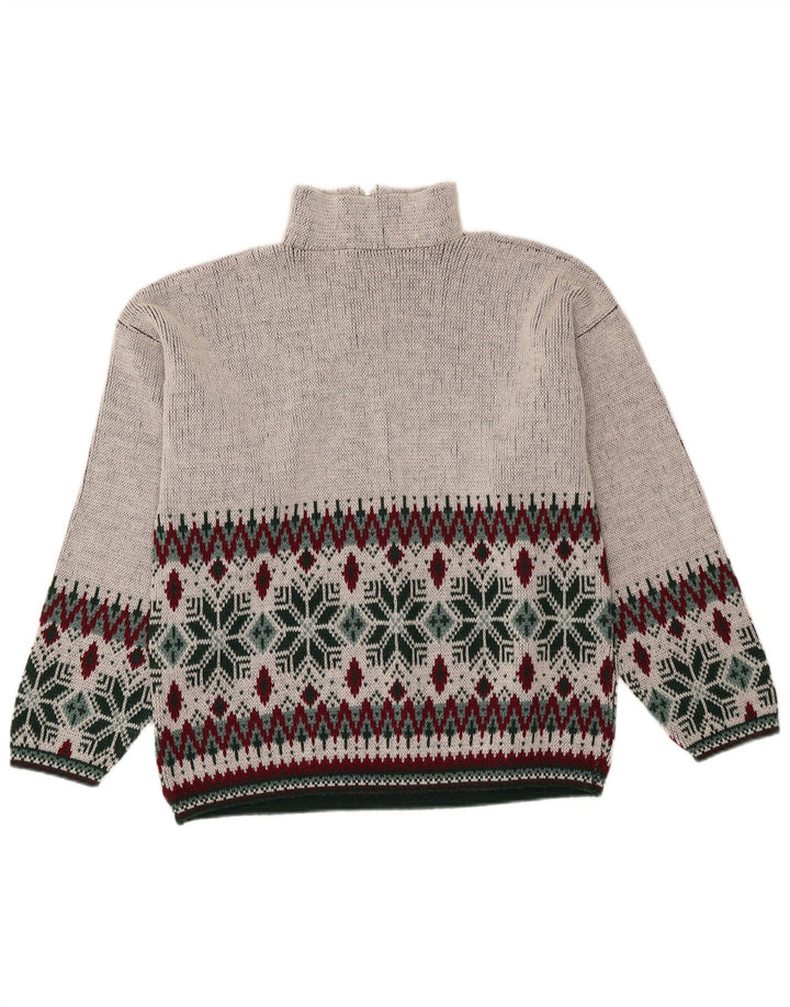 vintage Mens Zip Neck Jumper Pull Moyen Gris Fair Isle