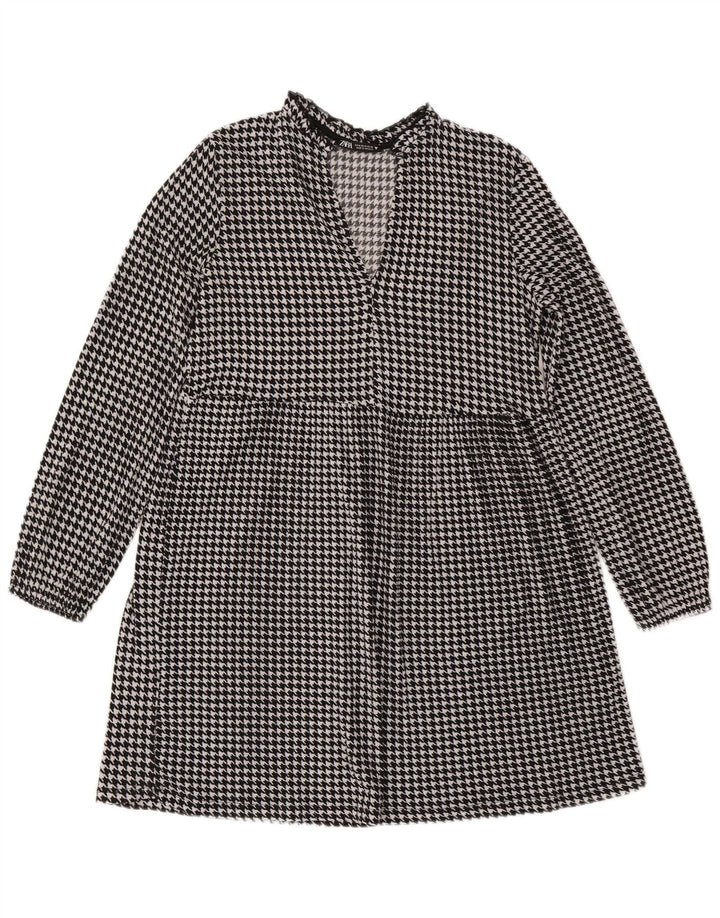 Zara Robe trapèze à manches longues pour femme UK 44, motif pied-de-poule noir moyen