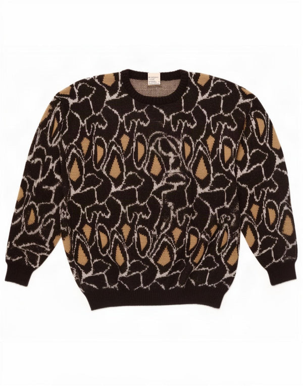 vintage Mens Crew Neck Jumper Sweater IT 52 Grand Noir Floral Polyacrylique