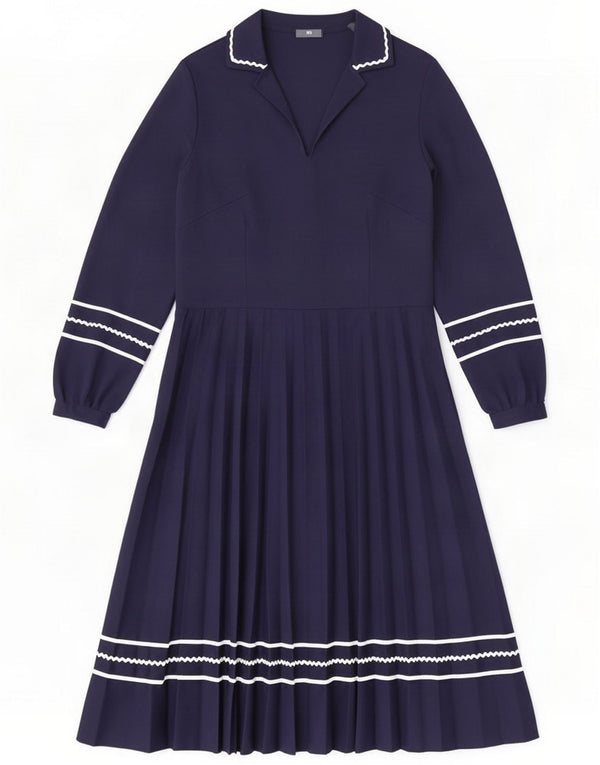 Robe trapèze à manches longues pour femme vintage IT 44 Bleu marine moyen rayé