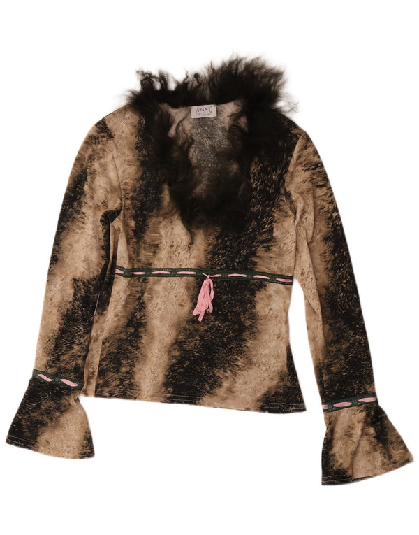 Avant Femme Top Manches Longues UK 6 XS Marron Imprimé Animal Polyester